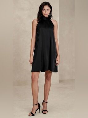 NWT Banana Republic Black Satin Mock Neck Shift Dress XL Sleeveless